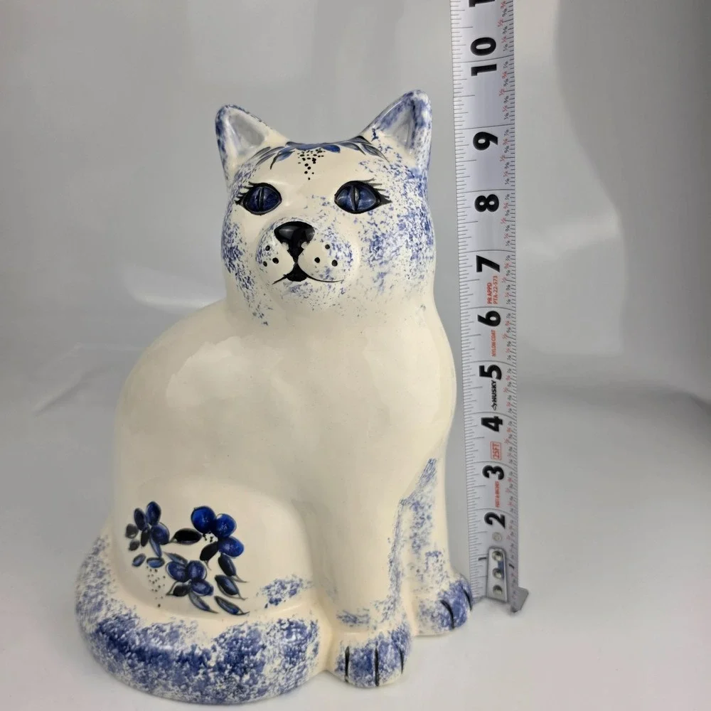 Vintage Blue White Cobalt Spongeware Ceramic Cat Figurine Large Sitting Folk Art